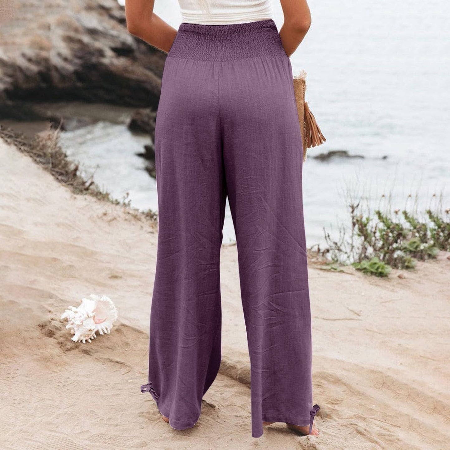 Hesxuno Linen Pants Women Wide Leg Yoga Pants Summer Lightweight Palazzo Pants Summer Flowy Lounge Pants Casual Loose Comfy Pants Casual Long Pants Soft Beach Pants Baggy Trousers with Pockets