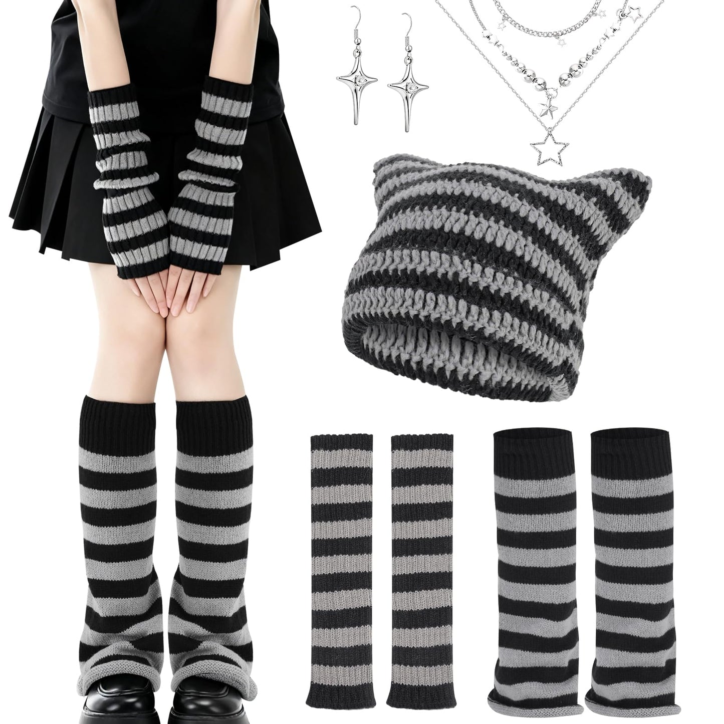 Zhamate Y2K Striped Crochet Beanie Hats Set Cat Beanie Accessories with Arm and Leg Warmers Necklaces Star Earrings for Women