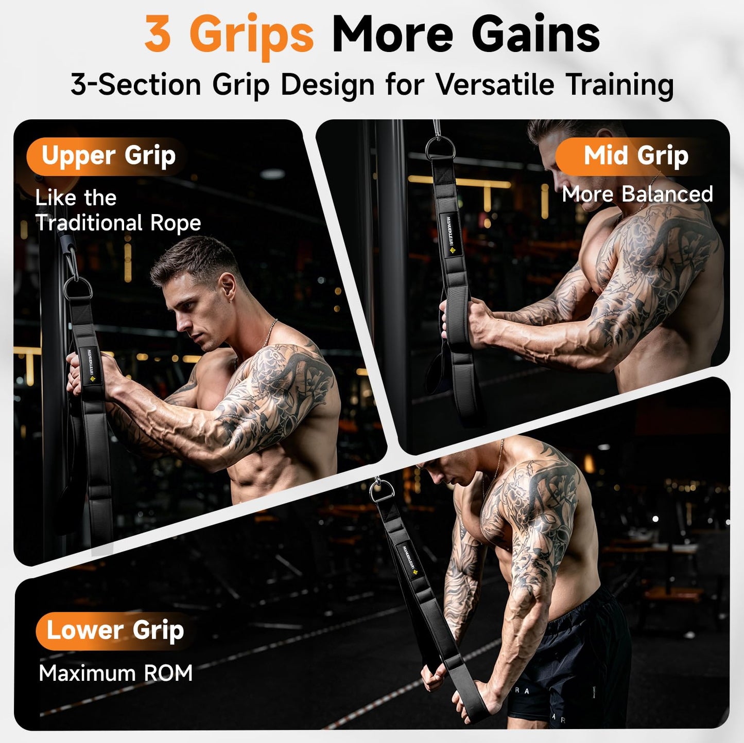 MANUEKLEAR 3 Grip Lengths in 1 Tricep Rope Cable Attachment with Ergonomic Handles, Greater ROM for Tricep Push Down Attachment Professional Gym Rope for Overhead Extension
