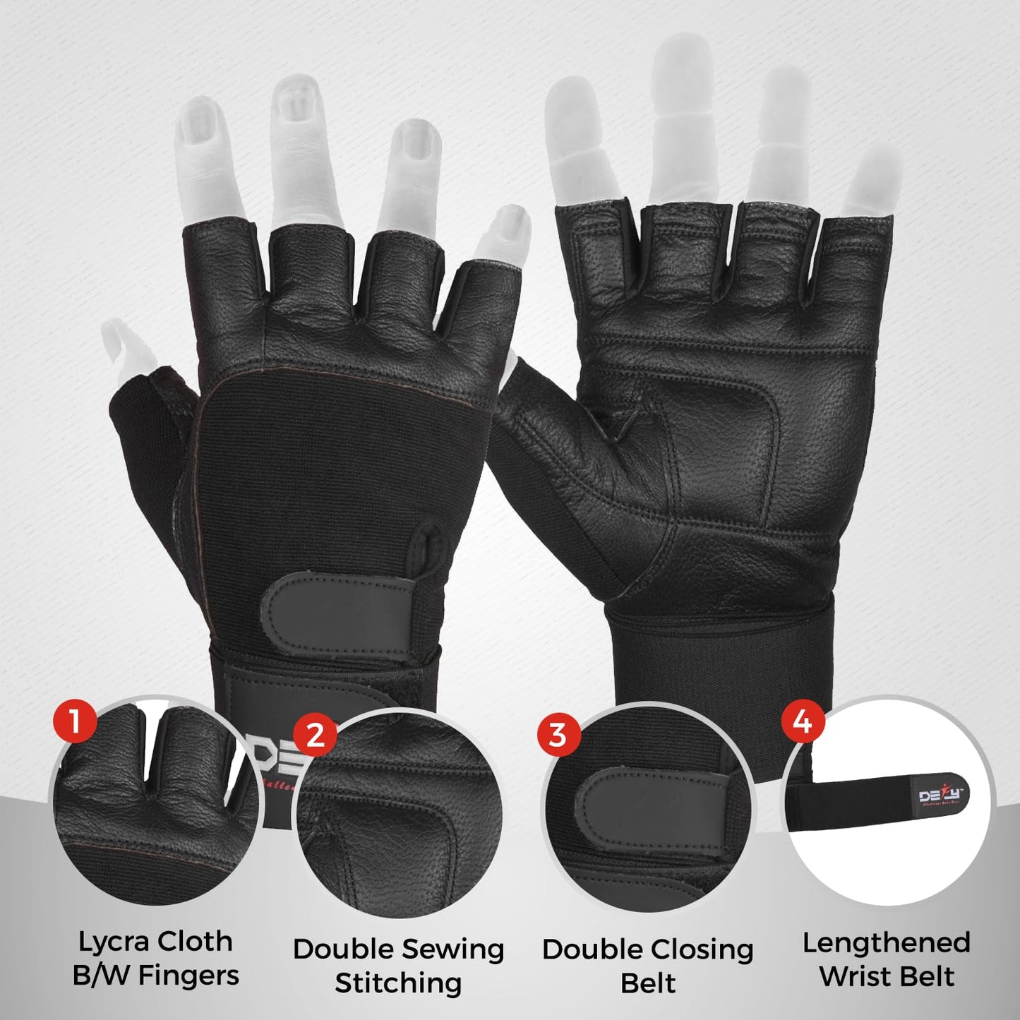 DEFY Padded Weight Lifting Gloves with 13" Long Wrist Wrap Genuine Leather Gym Gloves for Power Lifting, Cross Training, Workout Black (Medium)
