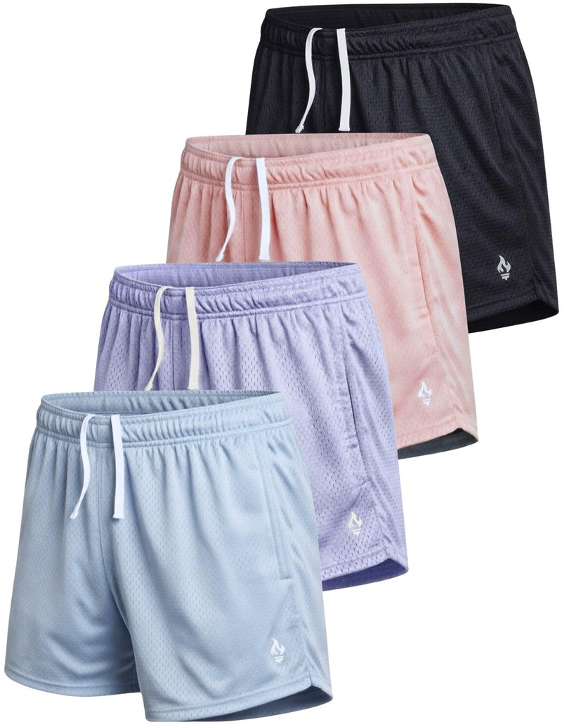 4 Pack: Girls Airy Mesh Active Athletic Sport Shorts, Youth Running Performance Clothes with Pockets (Set 6, Large)