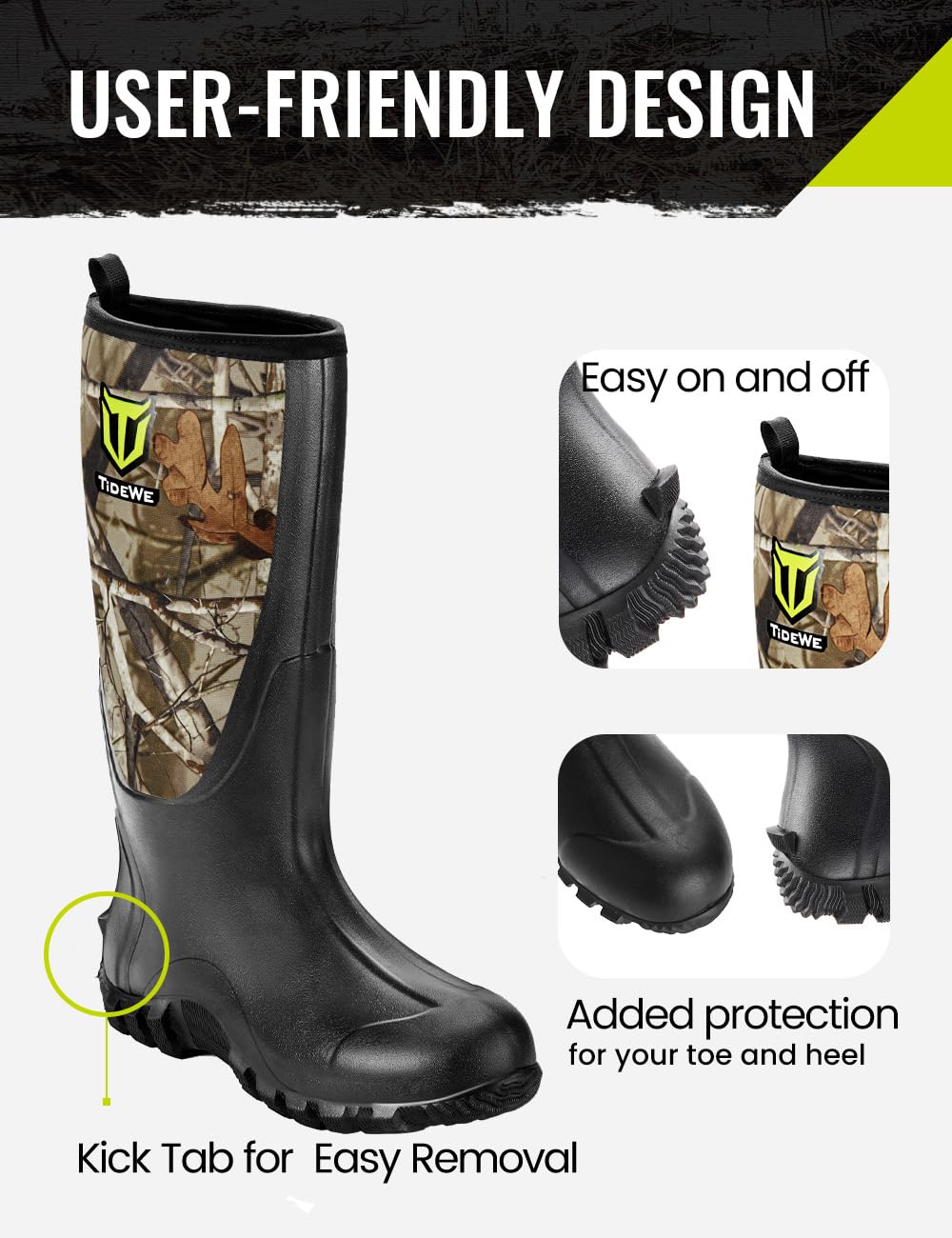 TIDEWE Rubber Boots for Men, Rain Boots with Steel Shank, Camo, 12