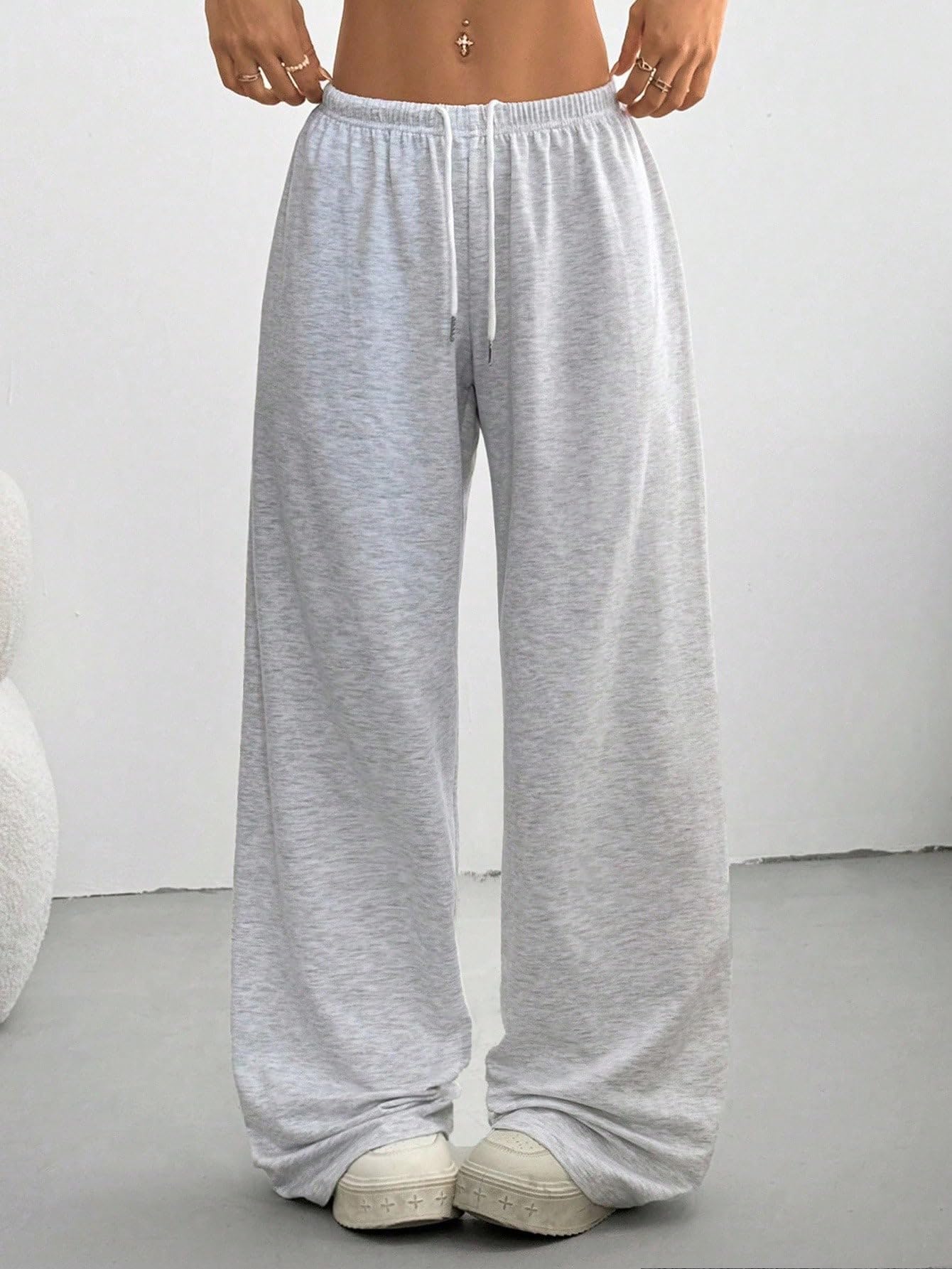 SOLY HUX Women's Baggy Sweatpants Drawstring Waist Wide Leg Loose Casual Long Pants Plain Light Grey Small