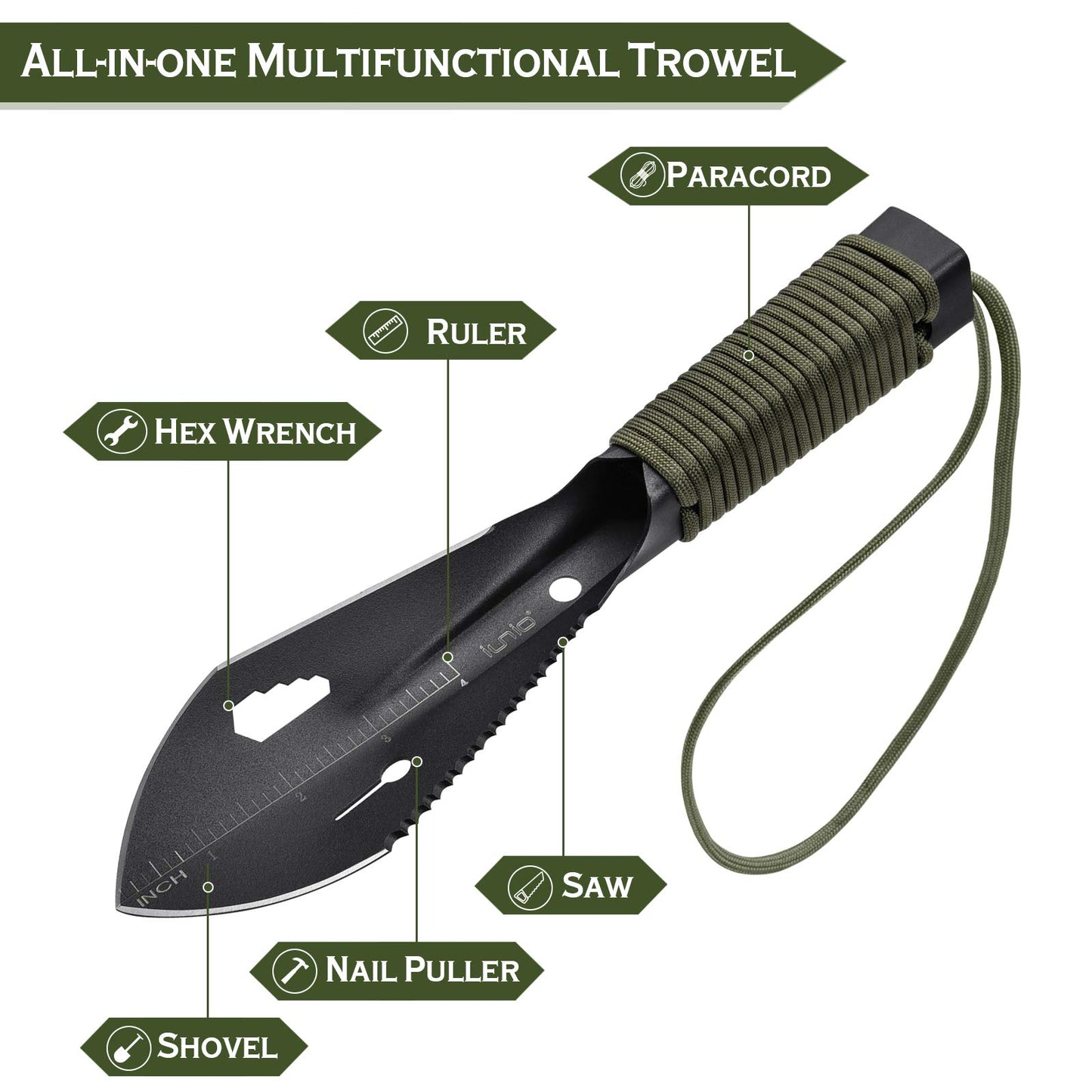 iunio Hiking Trowel, Camping, Backpacking, Portable Shovel, Multitool, Ultralight Camp Tool, with Carrying Pouch, for Gardening, Outdoor, Survival (Black)