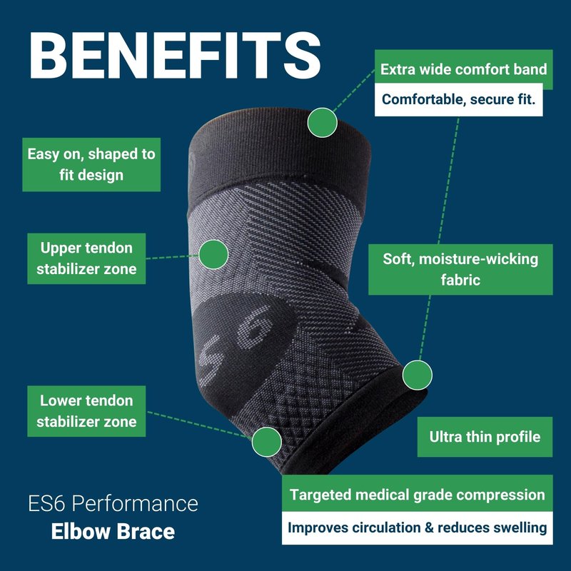 OS1st ES6 Elbow Compression Bracing Sleeve (One Sleeve) relieves Tennis or Golfer's Elbow, Cubital Tunnel Syndrome, Supports Damaged Tendons and Controls Forearm Pain (Large, Black)