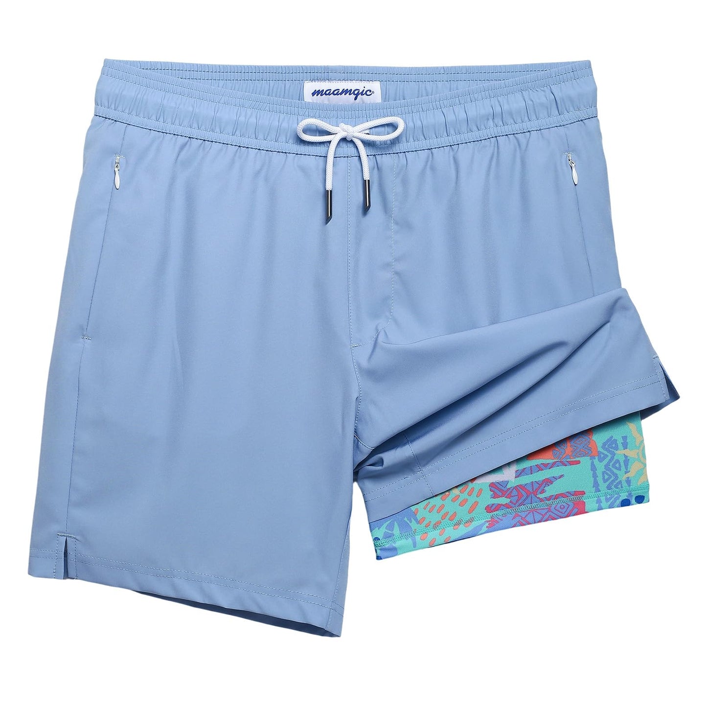 maamgic 2 in 1 Mens Swim Trunks 7 Inch Swim Shorts Swim Suits Board Shorts Graffiti Mist Blue L