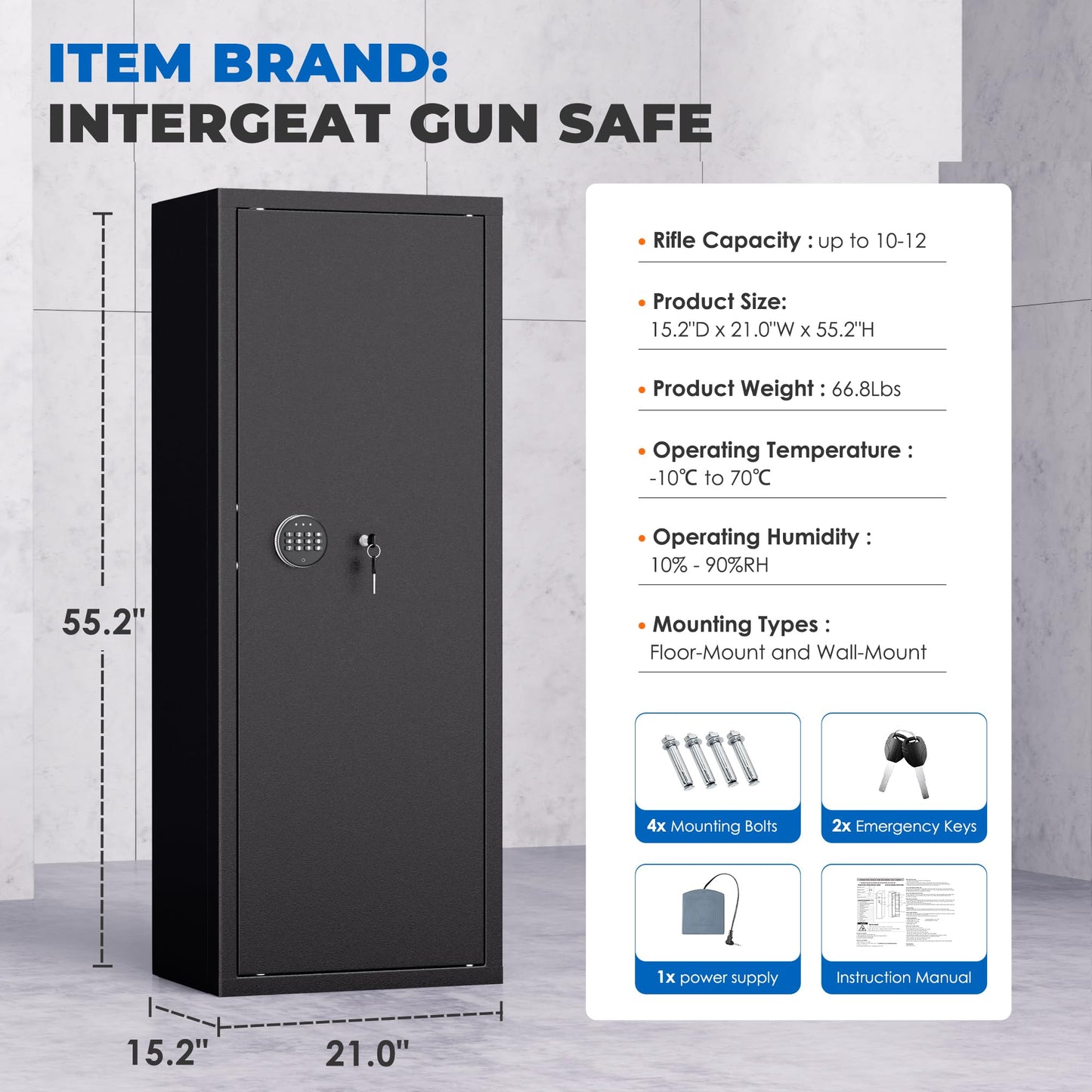INTERGREAT 20 Rifle Gun Safe, Keypad Gun Safe for 10-16 Rifles and 4 Pistol Storage Pockets, 21" W Gun Safes & Cabinets with 3 Removable Gun Racks for Home, Black