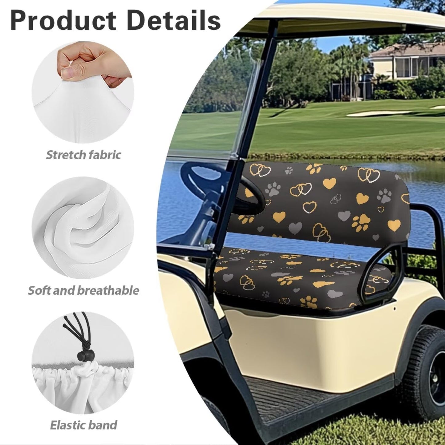 Darisoco Dog Paw Black Golf Cart Seat Covers Replacement - Universal Fit for EZGO TXT/RXV & Club Car Precedent, Anti-Slip Design with Elastic Edges, Durable Outdoor Protection