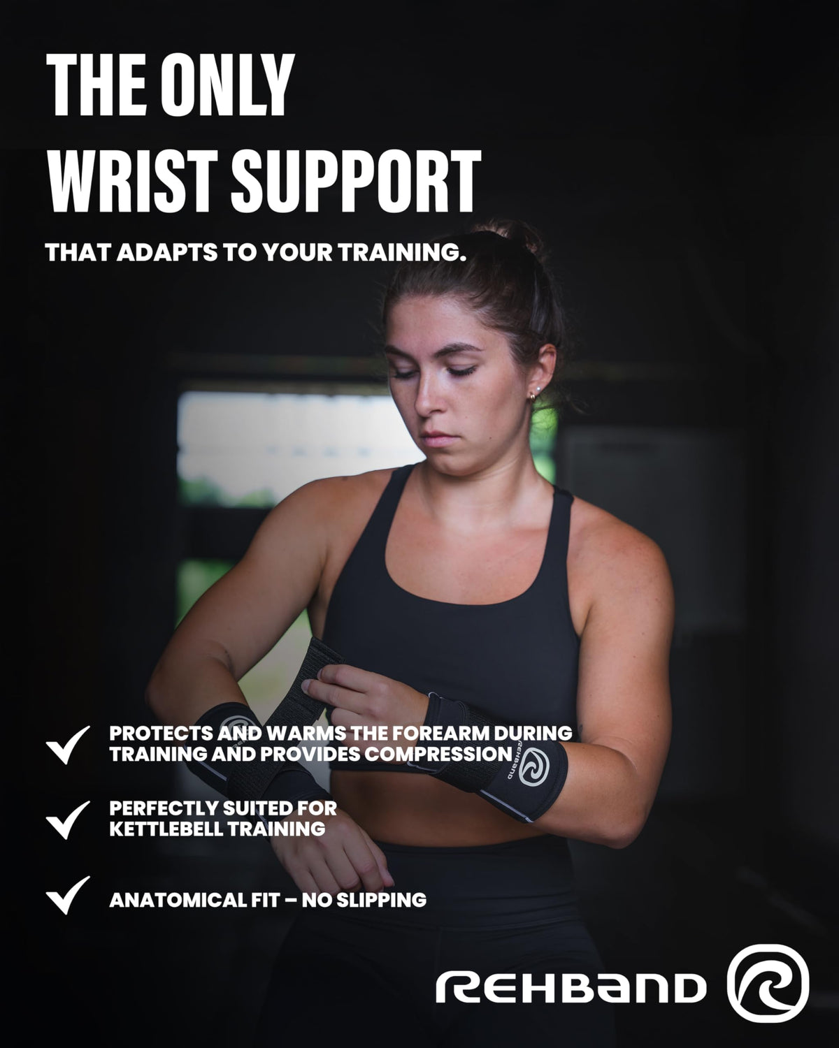Rehband RX Wrist Support Power Max, 3-in-1 Neoprene Sleeve + Wrap for Strength Training, Protects during Kettlebell Training, stabilizes wrist, forearm protection, Colour:Black, Size:Large