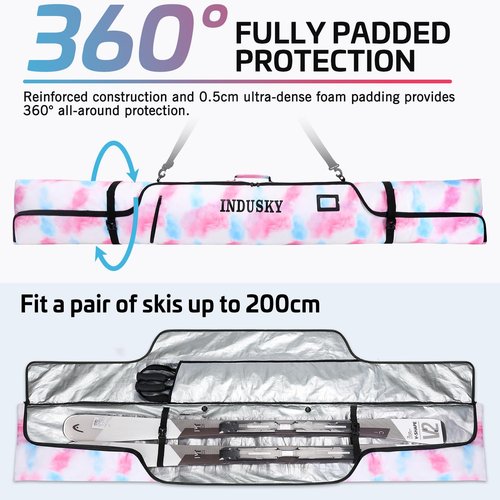 InduSKY Ski Bag, Waterproof Full Padded Ski Bag for Air Travel, 900D Polyester Adjustable Length Ski Bag Fit Skis Up to 200cm, Portable Snow Travel Ski Bag with Removable Padded Shoulder Strap
