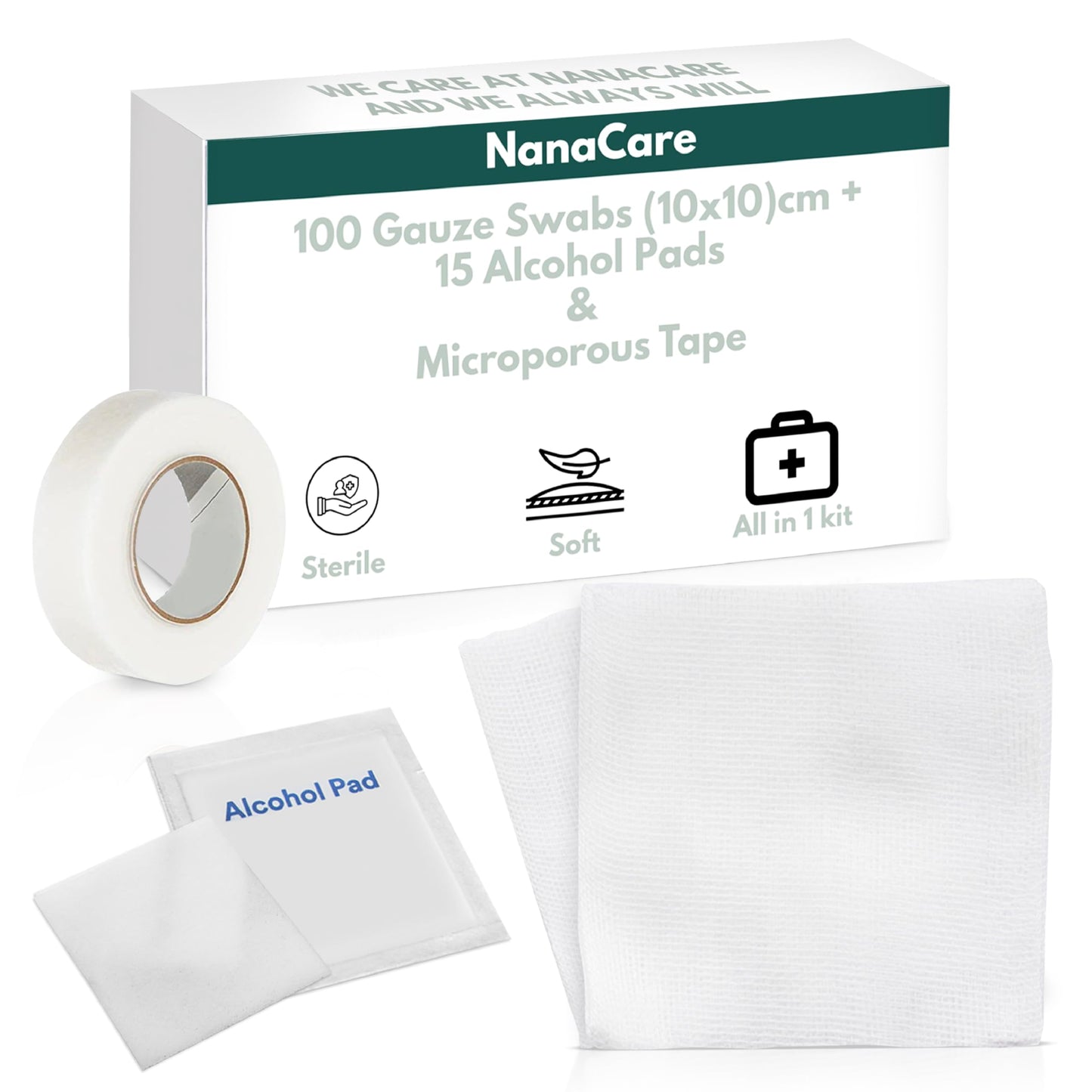 100pc Sterile 4x4 Non-Stick Gauze Pads with Adhesive Medical Tape & 15 Alcohol Wipes – Hypoallergenic Highly Absorbent Non-Adherent Dressing Sponges for Effective Wound Care and First Aid Supplies