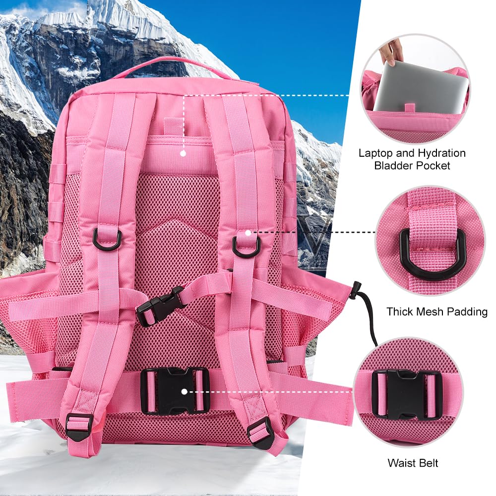 Hannibal Tactical 45L MOLLE Assault Backpack, Tactical Backpack Military Army Camping Rucksack with Bottle Holder, 3-Day Pack Trip w/USA Flag Patch, D-Rings, Pink
