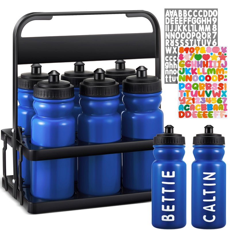 Suclain Water Bottle Carrier with 20 Oz Bottles and Stickers Plastic Wide Mouth Sports Water Bottle Squeeze Team Bottles with Black Lid for Fitness Bike Gym(7 Pcs,Dark Blue)