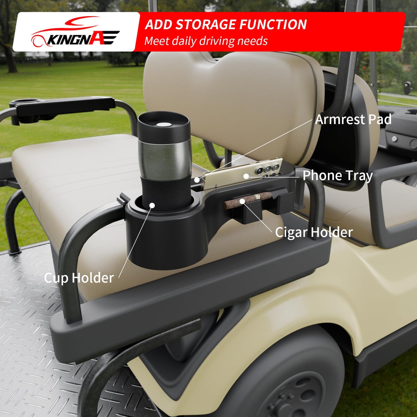 Kingna Golf Cart Armrest Equipped with Cigar Rest Cup Holder Phone Holder Universal Fit for EZGO/Club Car/Yamaha and More, Fit 1.0" or 1-1/4" Square Tube Frame (A Tasteful Addition to Your Ride)