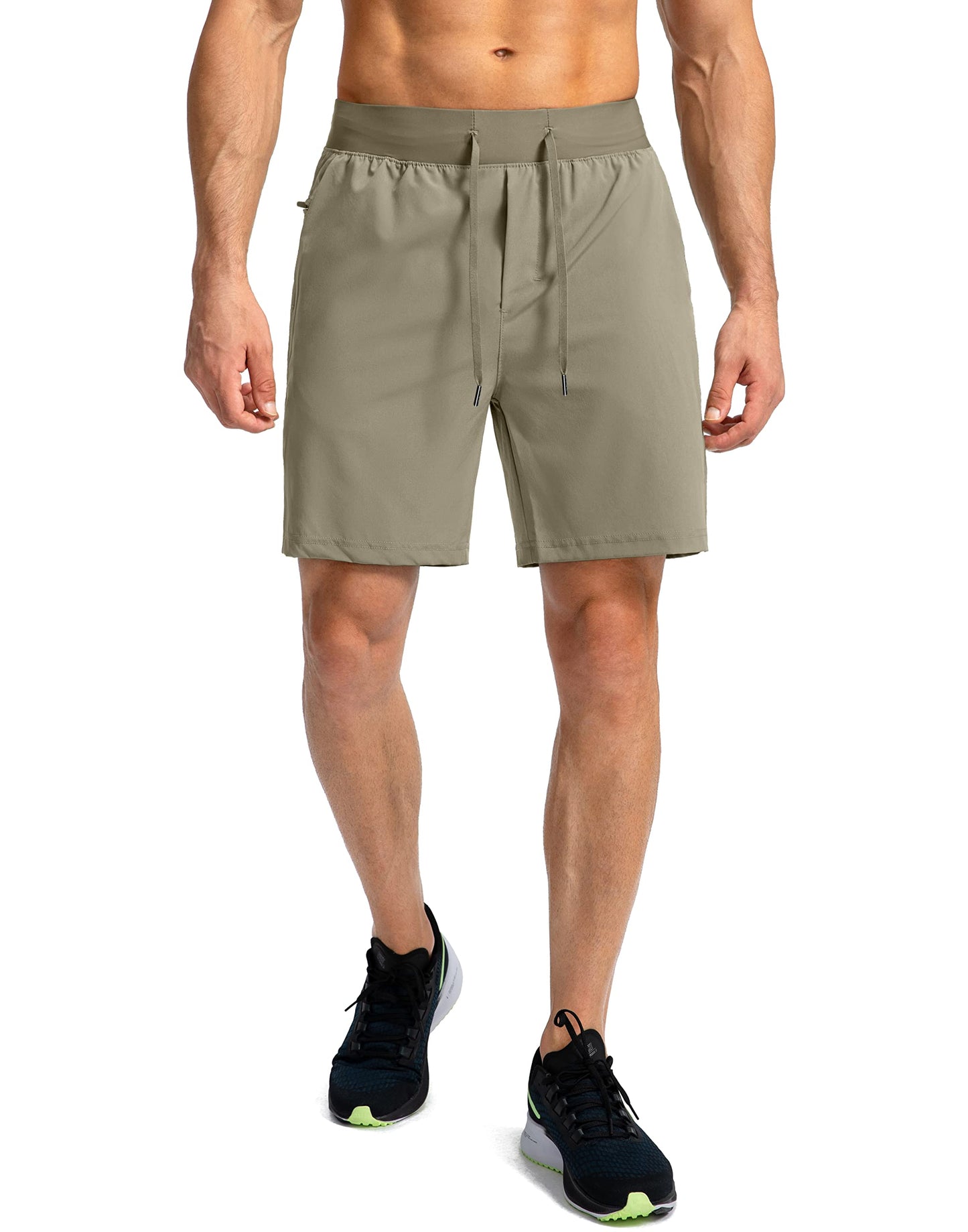 Soothfeel Men's Running Shorts with Zipper Pockets 7 Inch Lightweight Quick Dry Gym Athletic Workout Shorts for Men (Dusty Khaki, M)