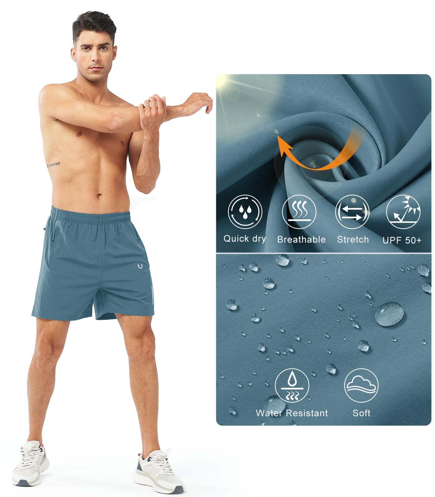 NORTHYARD Men's Athletic Running Shorts Gym Workout 7"/9"/5" Quick Dry Lightweight Sports Basketball Tennis 3 Zipper Pockets GREYBLUE-5inch M