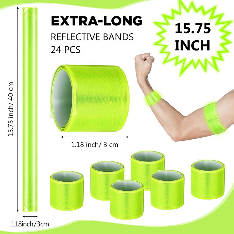 Halloscume 24 Pcs Reflective Arm Bands 15.75 in Reflective Snap Bands Slap Bracelets High Visibility Safety Ankle Strips gift for Night Walking Cycling Running Jogging Hiking (Green)