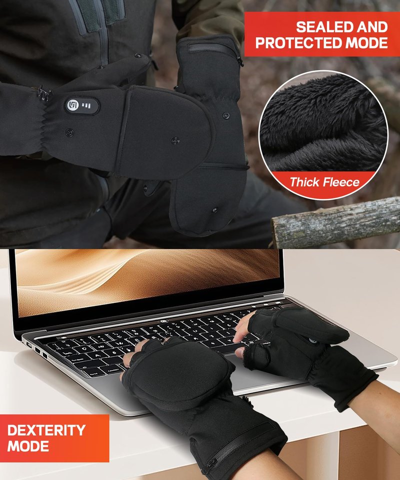 ES Tech Heated Gloves for Men Women Rechargeable with 7.4V 3000mAh Battery Waterproof Fingless Heated Mittens for Winter Work Typing with Light-Off Design