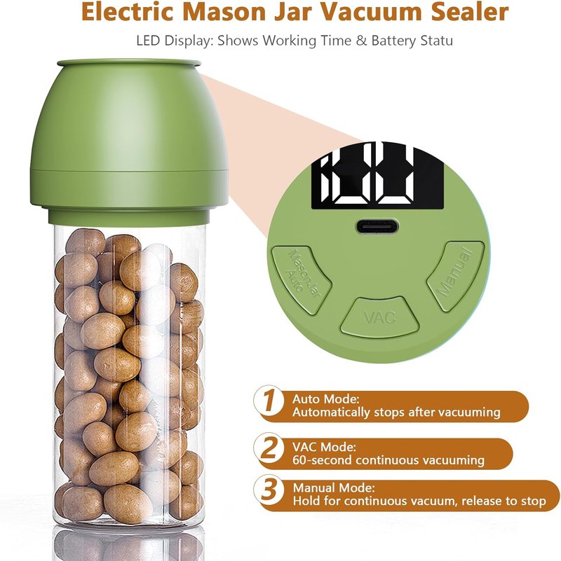 Electric Mason Jar Vacuum Sealer - Automatic Food Storage Sealing Machine for Regular & Wide Mouth Jars | Green
