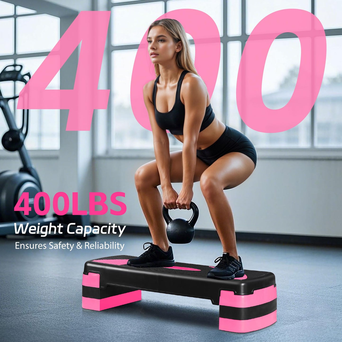 JungleA 31" Aerobic Step Platform, 3 Levels Height Adjustable Steppers For Exercise at Home Gym, Cardio Workout Step Platform Wide Bench, 4 Stackable Risers, Non Slip Fitness Stepper Up Box, Pink