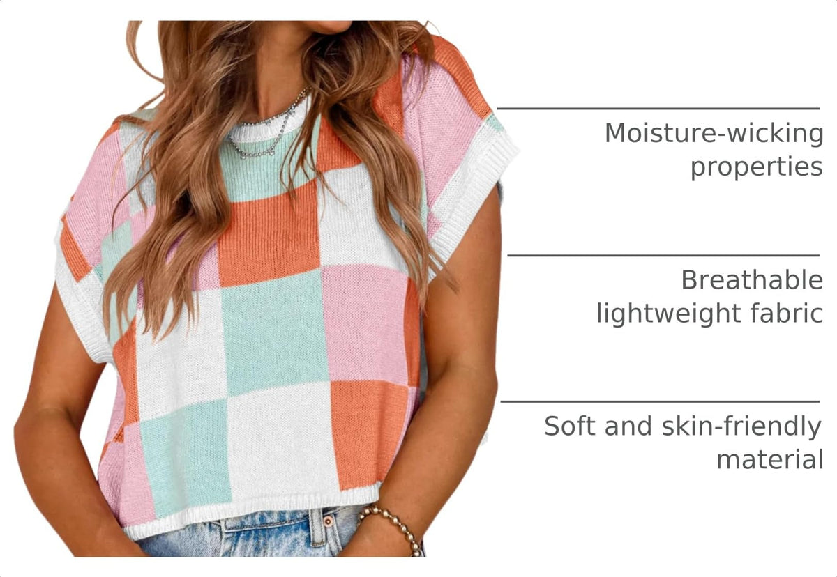 Saodimallsu Womens Cap Sleeve Crop Tops Summer Color Block Going Out Crew Neck Knit Trendy Casual Sweater A-Pink