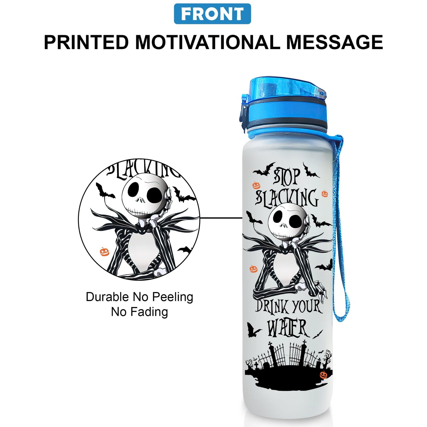 GEPOSTORE Nightmare 32oz Leakproof BPA-Free Jack Pumpkin Motivational Water Bottle with Time Marker - Fitness Sports Bottle with Strap - Perfect for Office, Gym, Outdoor - Halloween Themed