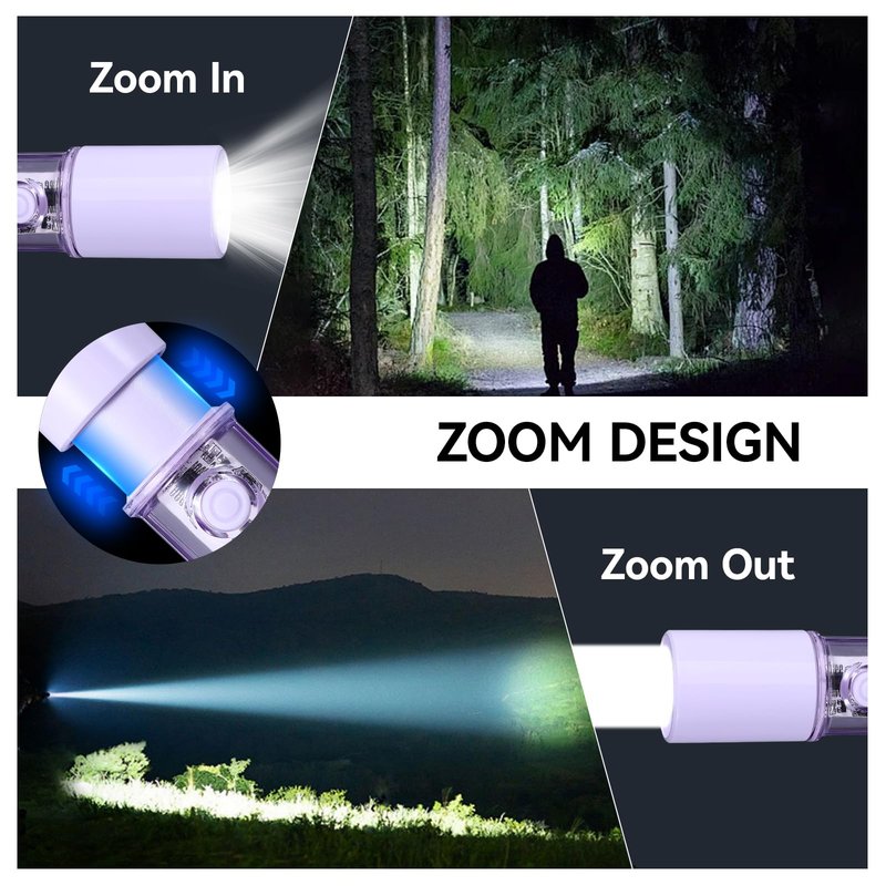 VAVOFO Purple LED EDC Flashlight - USB-C Rechargeable, Waterproof, Zoom Focus, 3 Modes, Red & Blue Emergency Strobe - Best for Outdoor, Tactical, and Survival Use