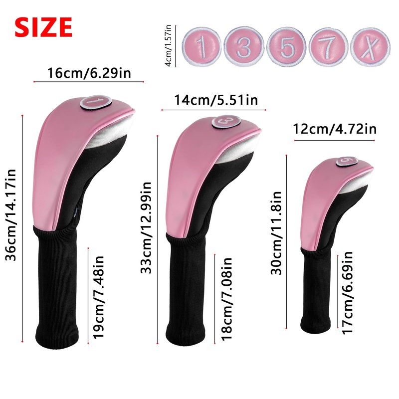 Andux 3pcs/Set PU Golf Wood Club Head Covers 460cc Driver Covers with Long Neck Pink