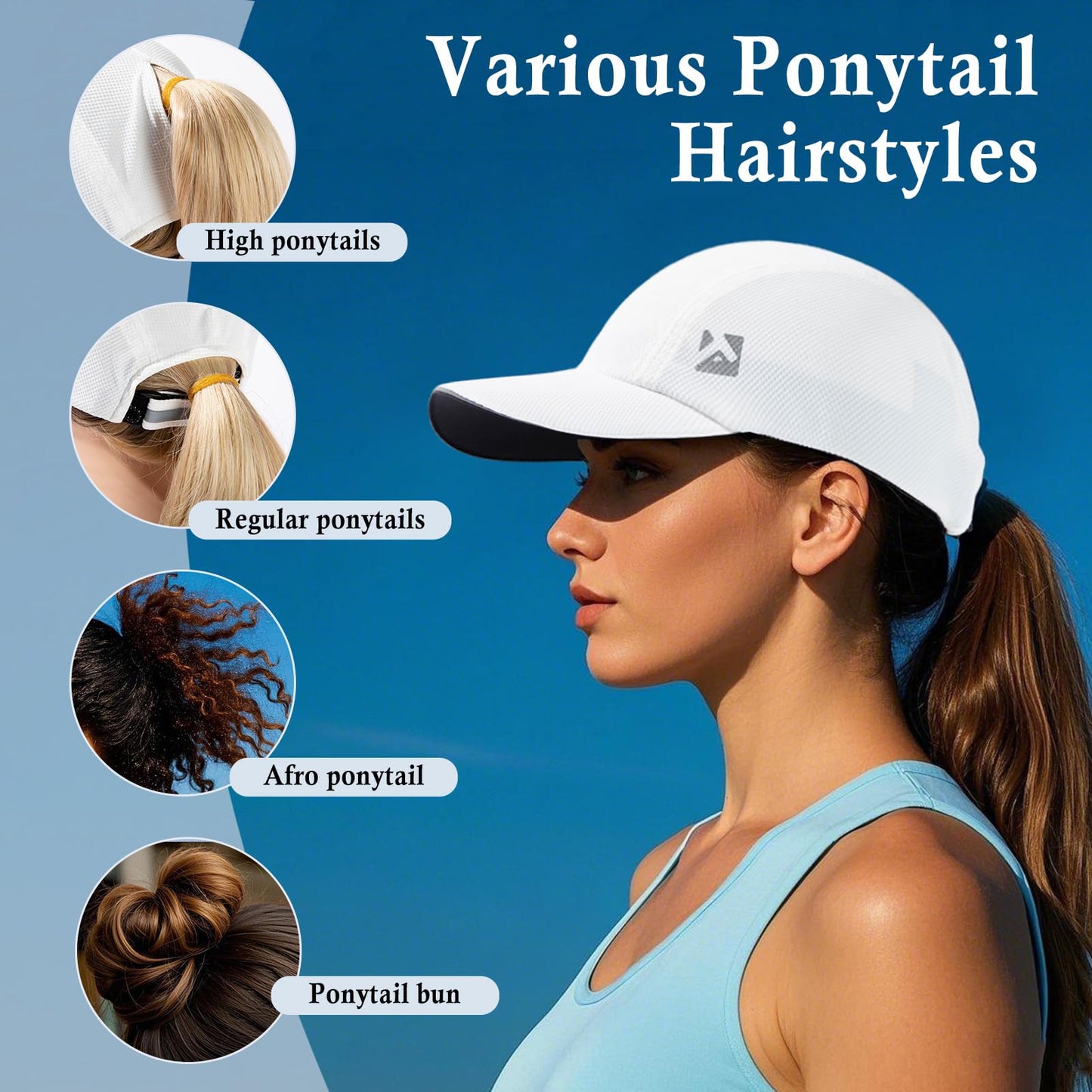 TOP-EX XL/XXL Ponytail Sun Baseball Cap for Women UPF 50 Cooling Running Hat Summer Breathable UV Protection Golf Hats Packable White M