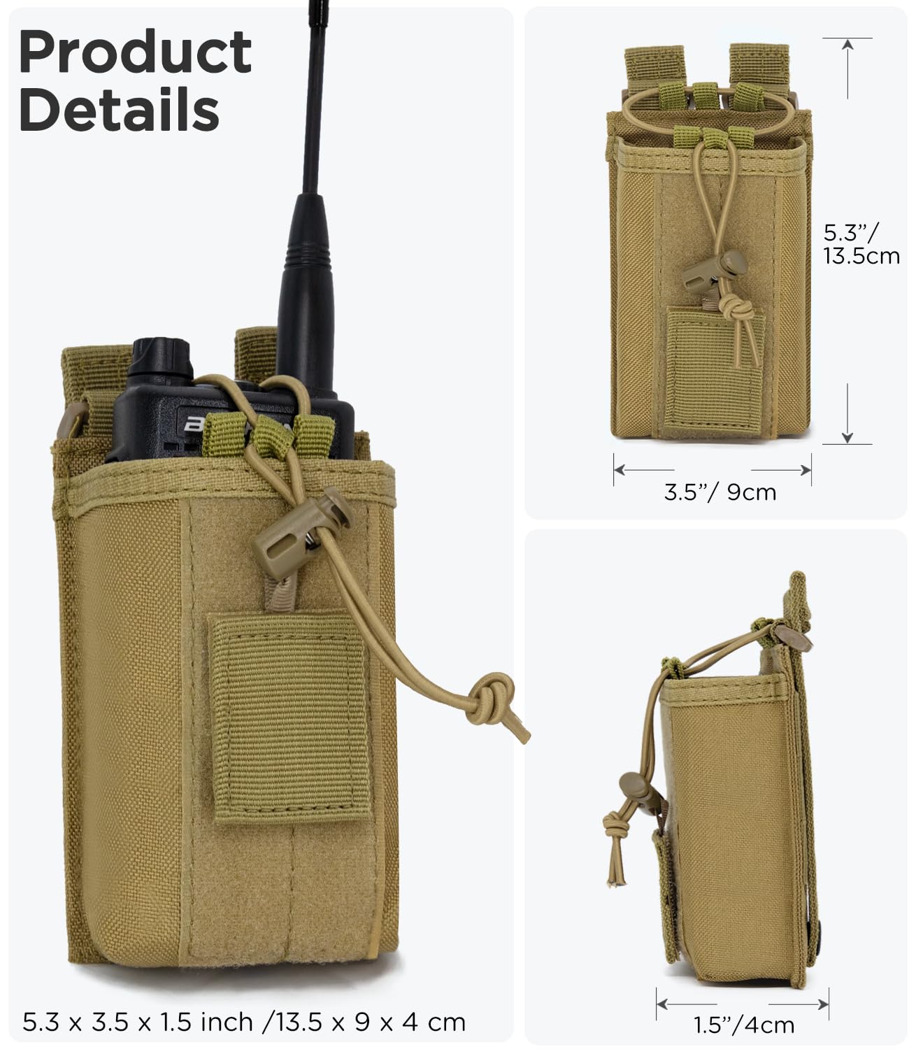 INGIDO Molle Radio Pouch Holster, Adjustable Storage Belt Holder Case Heavy Duty Nylon for Universal Two Ways Walkie Talkie, Tan