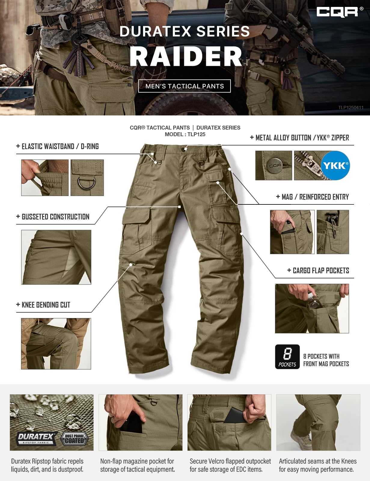 CQR Men's Tactical Pants, Water Resistant Ripstop Cargo Pants, Lightweight EDC Work Hiking Pants, Outdoor Apparel, Raider Mag Soil Green, 40W x 30L