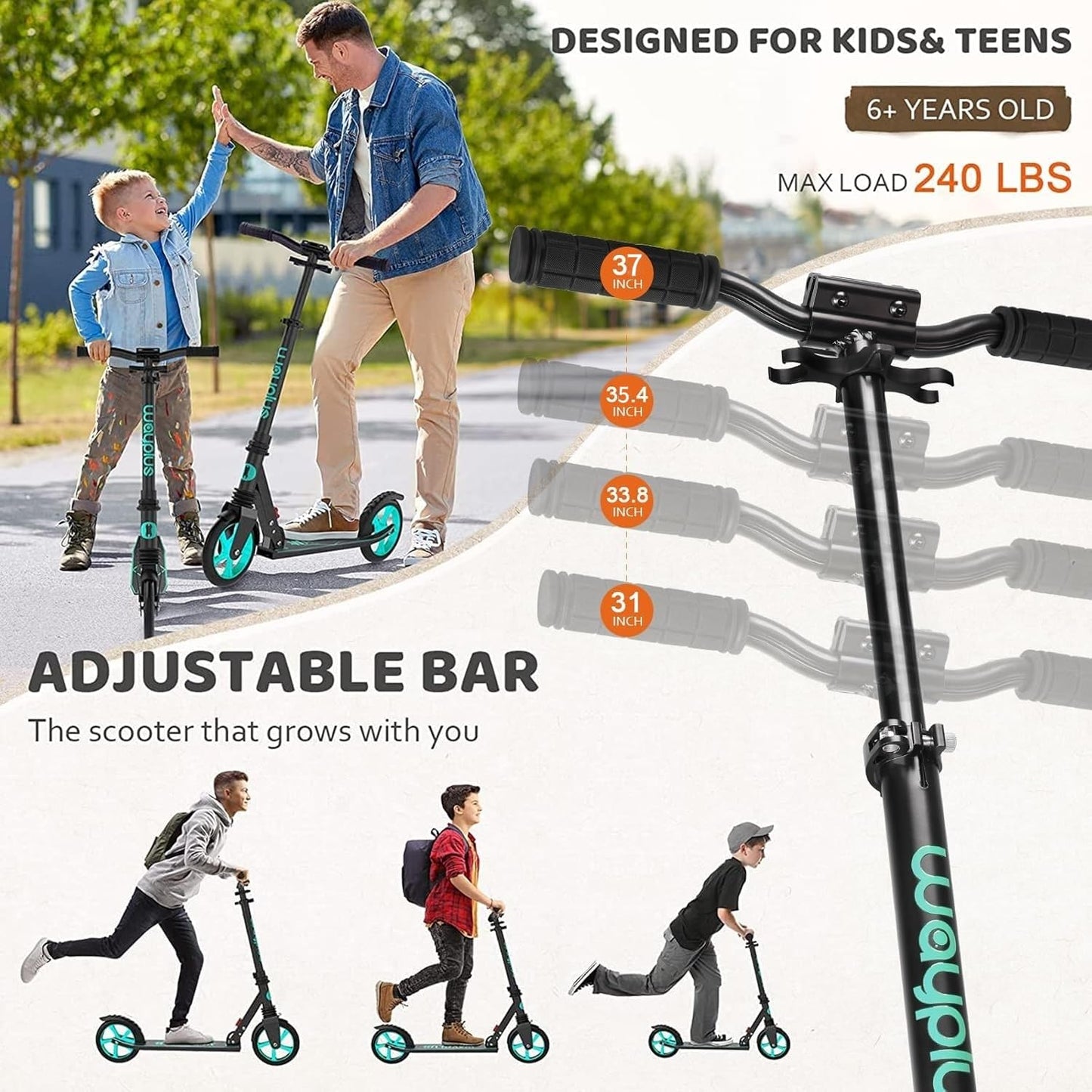 WAYPLUS KS1 Kick Scooter for Ages 6+,Kid, Teens & Adults. Max Load 240 LBS. Foldable, Lightweight, 8IN Big Wheels for Kids, Teen and Adults, 4 Adjustable Levels. Bearing ABEC9 FED Fitness