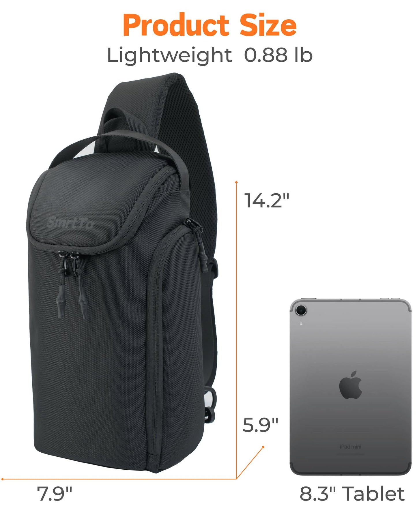SmrtTo Sling Bag Crossbody Chest Bag, Fits 8.3" iPad Mini, Durable 1680D Fabric Travel Bag with Protective EPE Padding, Water Resistant Tech Sling for Men Women