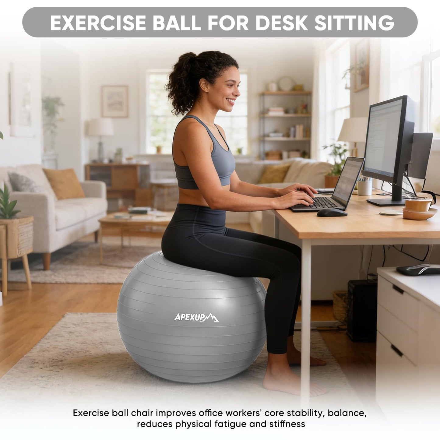 APEXUP Yoga Ball, 660 lbs Anti-Burst Exercise Ball with Pump, 5 Sizes (M (19"~22) 55cm, Silver)