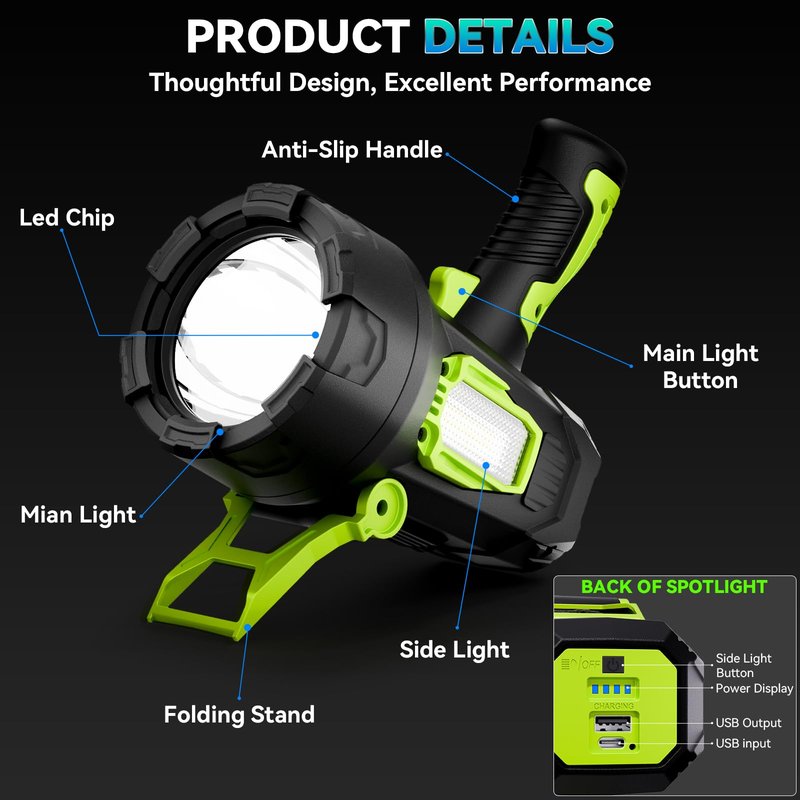 Rechargeable Spotlight，2000000 Lumens Super Bright LED SpotLights Flashlight, 10000ɱAh Spot Lights Long Runtime Waterproof ，Spot Light Outdoor Handheld with Cob Light & Foldable Tripod for Camping