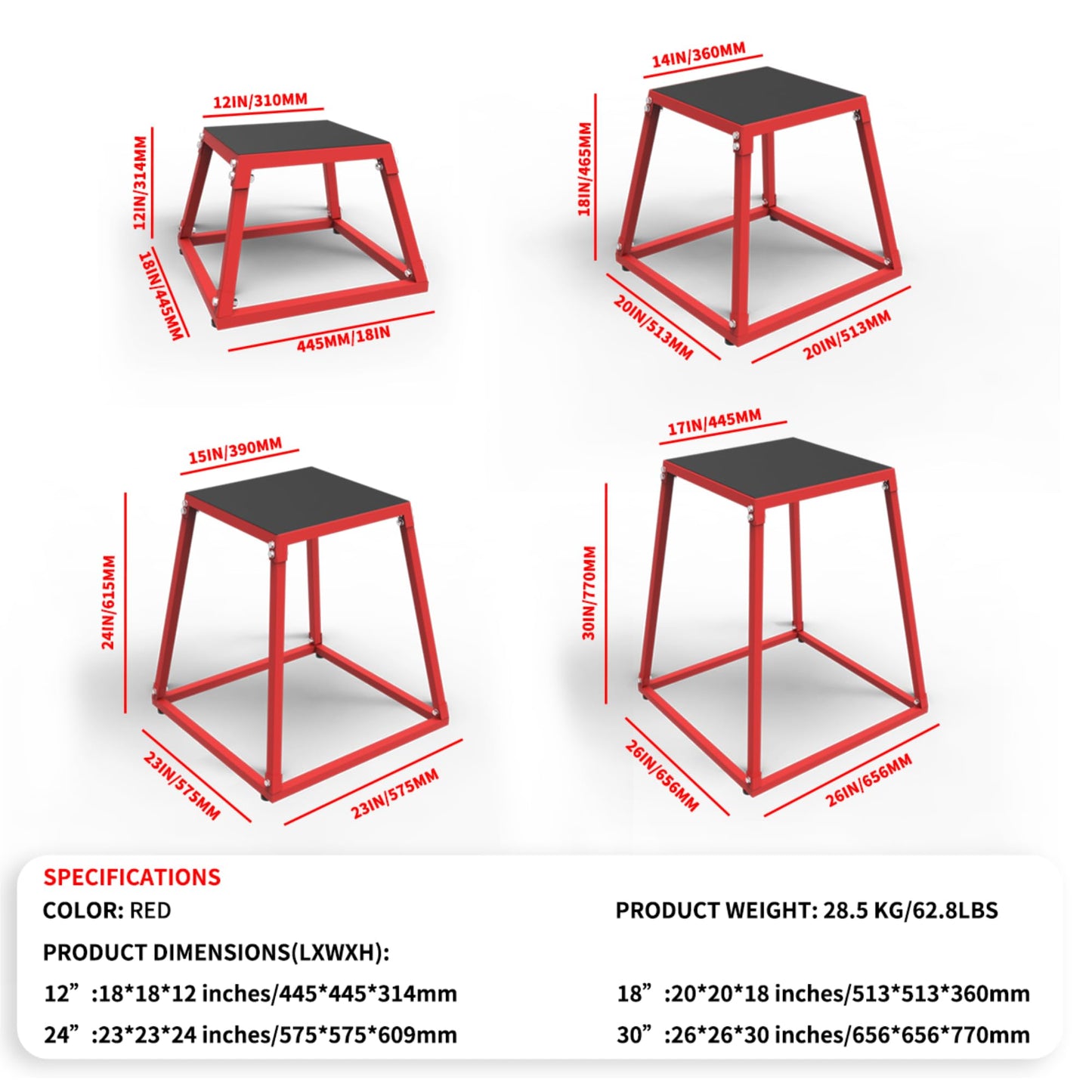 Garvee 12/18/24 Inch Steel Plyo Box for Exercise, Plyometric Jumping Box Metal Exercise Step Up Box with Anti-Slip Surface for Home Gym Training,Single and Set,Red