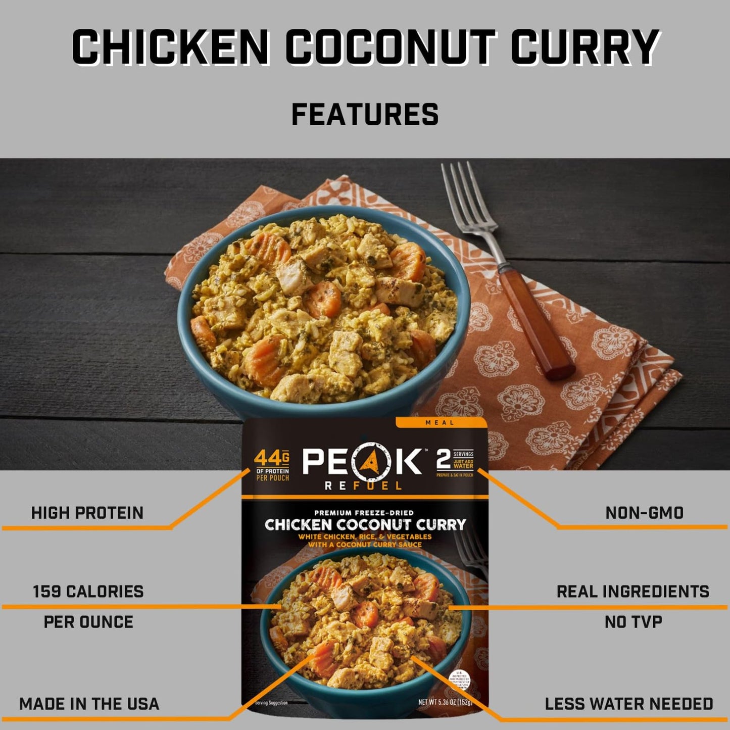 Peak Refuel Chicken Coconut Curry | Freeze Dried Backpacking and Camping Food | Amazing Taste & Quality | High Protein | Real Meat | Quick Prep (2 Serving Pouch)