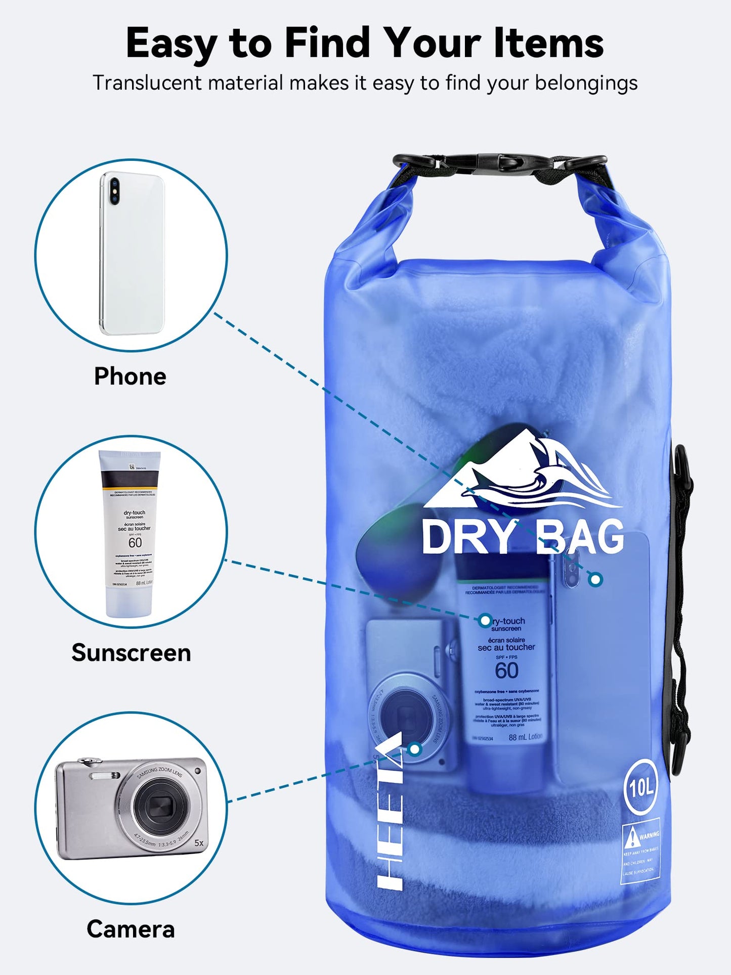 HEETA Dry Bag Waterproof for Women Men, Roll Top Lightweight Dry Storage Bag Backpack with Phone Case for Travel Swimming Boating Kayaking Paddle Board Camping Beach Accessories (Bluish Violet, 40L)