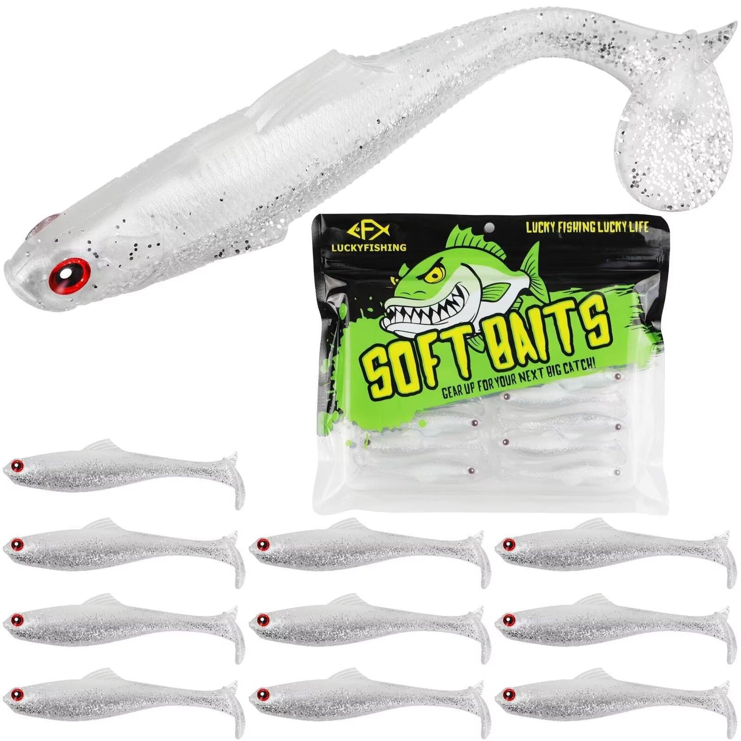 LUCKYFISHING Paddle Tail Swimbaits Soft Plastic Swimbaits Soft Baits for Bass Fishing Trout Crappie Walleye Freshwater Saltwater Soft Plastic Baits White-3.5 inch-10pcs