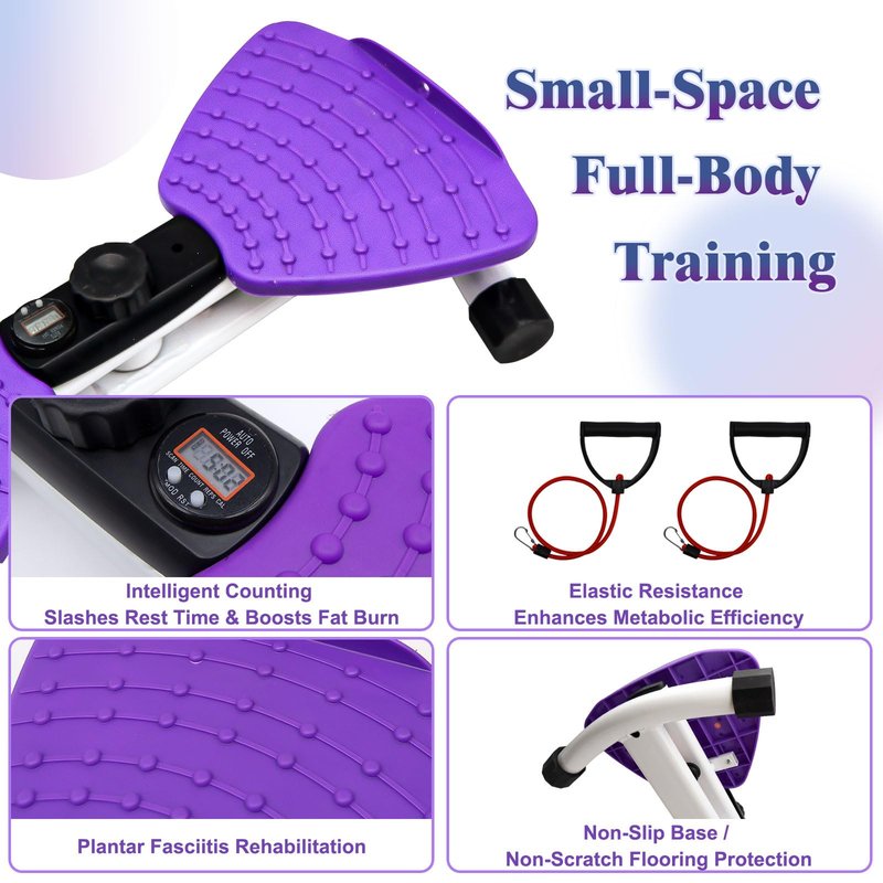 Nereusfwater Waist Twister Machine, 330 lbs Capacity, Noiseless Anti-Slip Twist Board with Resistance Bands, Adjustable Tension Knob & Foot Massage, Digital Display Tracks Time, Reps & Calories, Home Core Trainer for Men & Women (purple，with a display sc