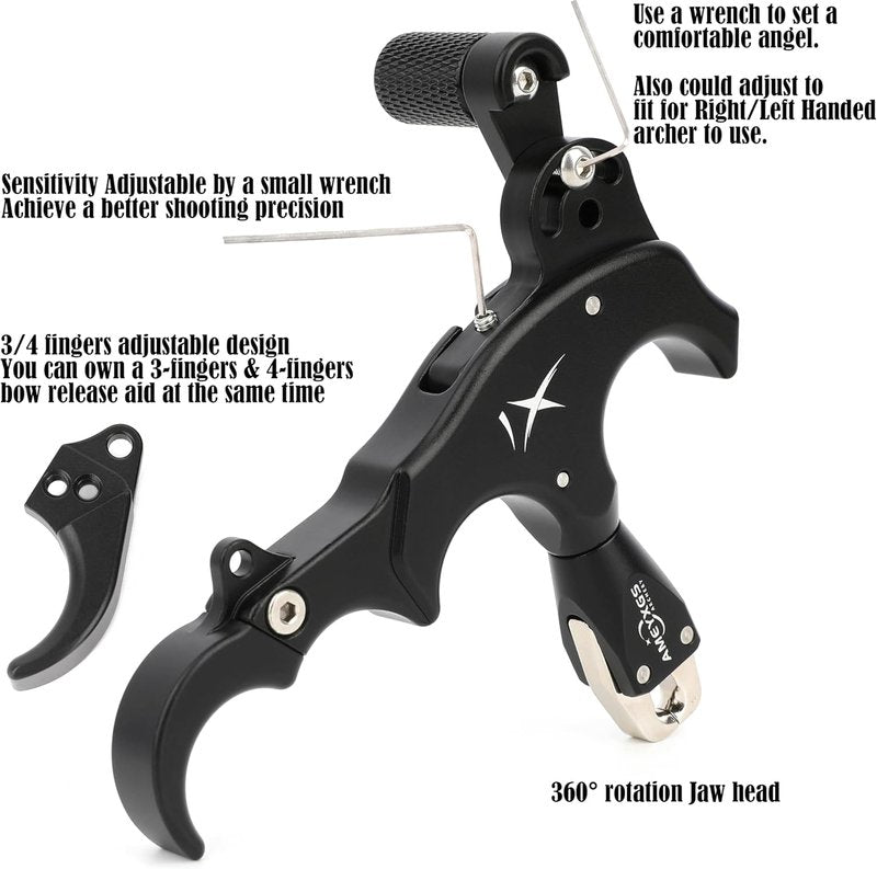 Archery Bow Release Aid - 360° Rotating Thumb Release for Left/Right Handed | Adjustable 3/4 Fingers