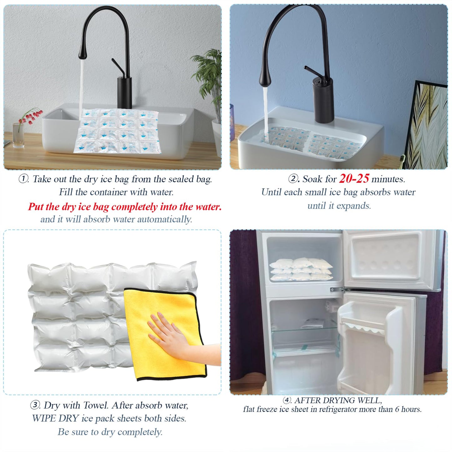 AUZPFRUM Dry Ice Packs for Shipping | 24+ Hour Long Lasting Cold Ice Pack for Coolers | 3 Sheets - 48 Cells | Soak for 25-35 minutes - Expand - Dry - Use after Frozen | Reusable Freezer Block for Food