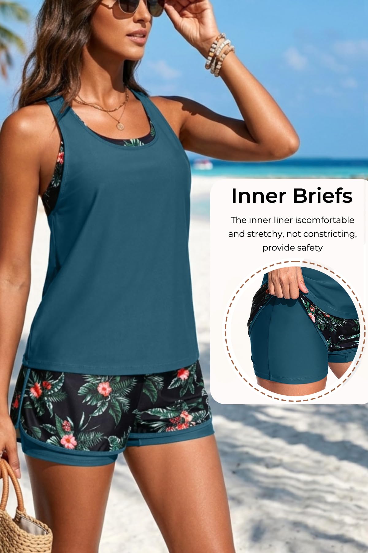 3 Piece Tankini Swimsuits - Athletic Swim Top with Boyshorts Bathing Suits