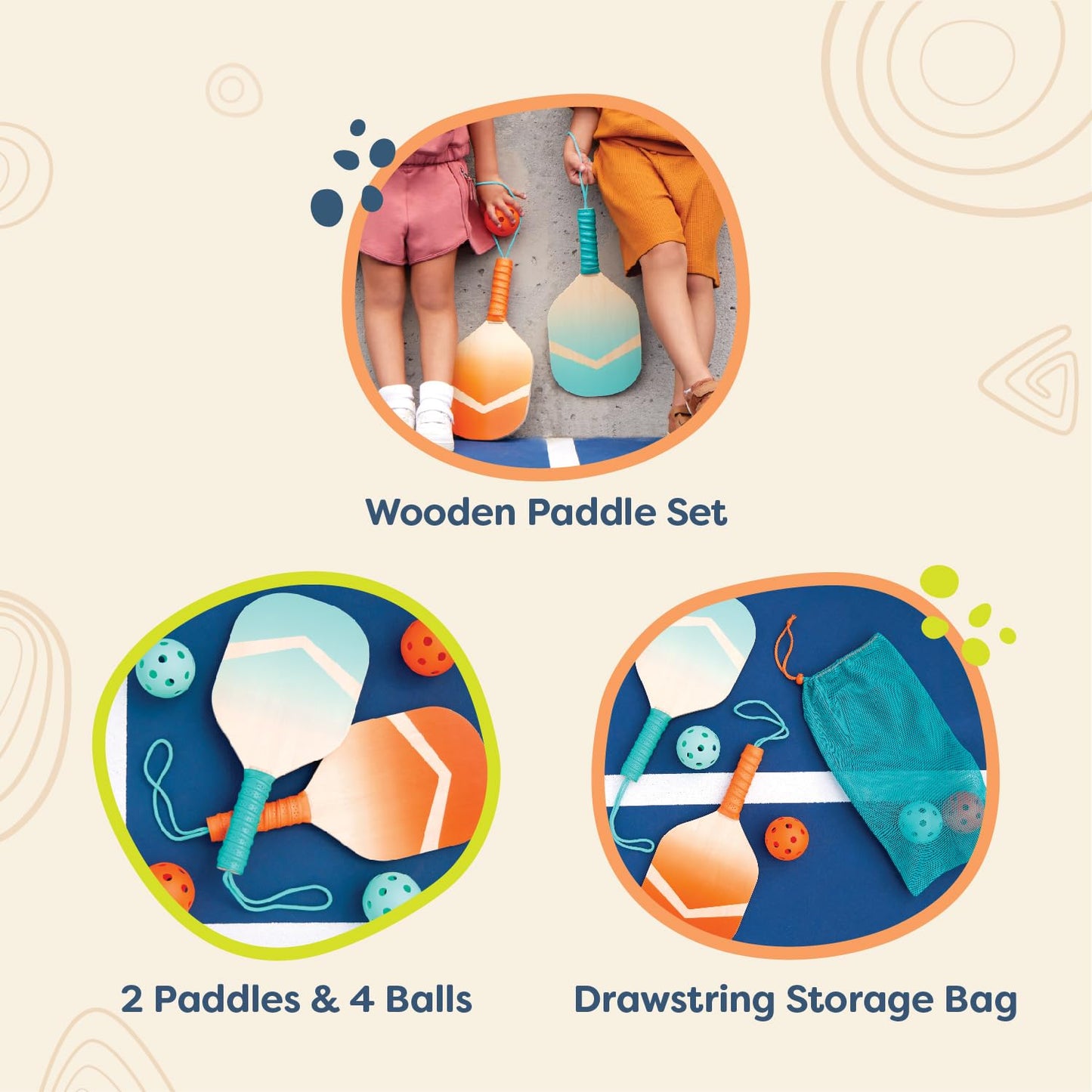 B. toys – Kids Pickleball Game – Wooden Paddle Set – 2 Paddles & 4 Balls – Drawstring Storage Bag – 3+ Years– Pickleball Set