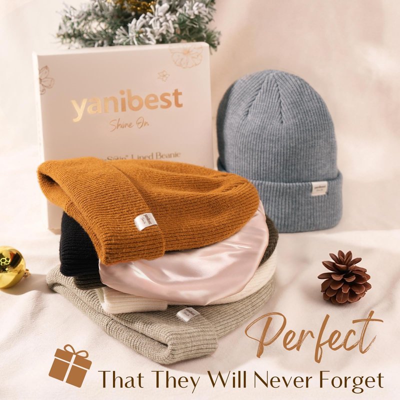 YANIBEST Beanie Hat for Women Men Satin Lined Beanie Hats Winter Hat Womens Cuffed Beanies Knit Skull Cap Warm Ski Hat Unisex Khaki
