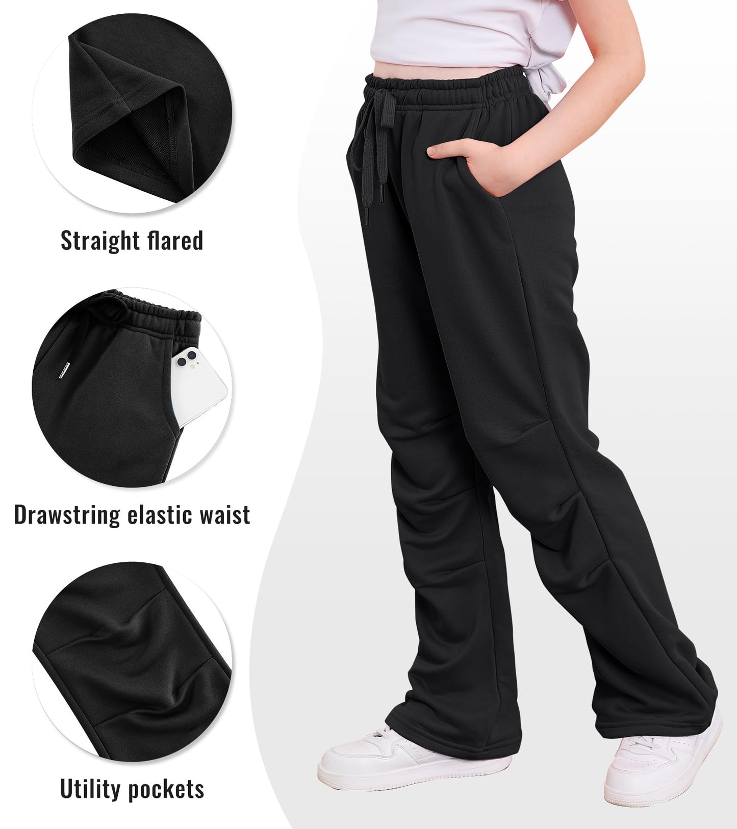 Kimoda Kids Sweatpants for Girls Size 10-11 Kids Fall Winter Casual High Waisted Drawstring Loose Jogger Pants with Pocket Jogger Pants for Girls Black