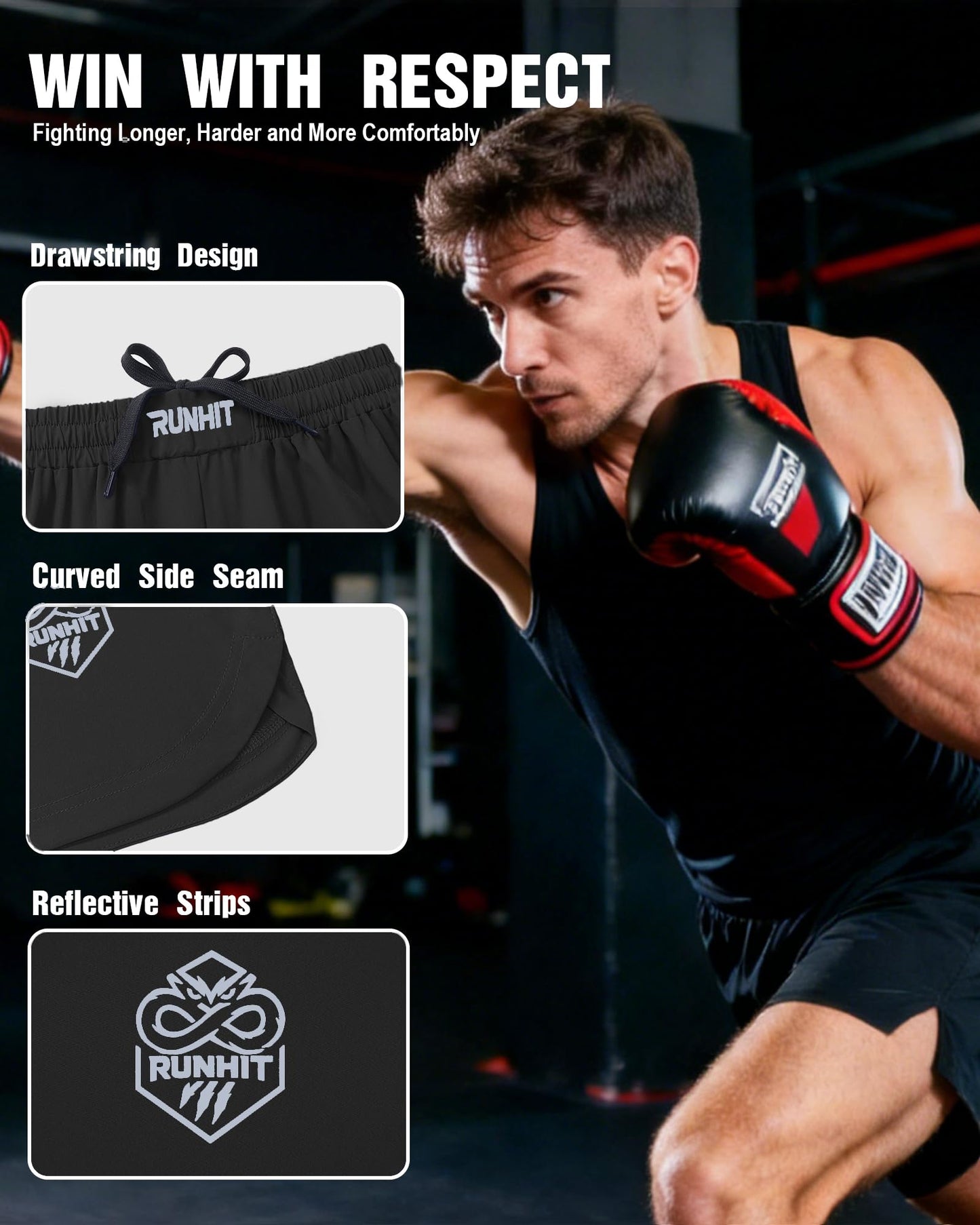 Runhit Men's Muay Thai Shorts – MMA Fight Shorts for BJJ, Wrestling, Boxing, No Gi, Jiu Jitsu, Training, Cage Fighting, Grappling, Kickboxing Black L