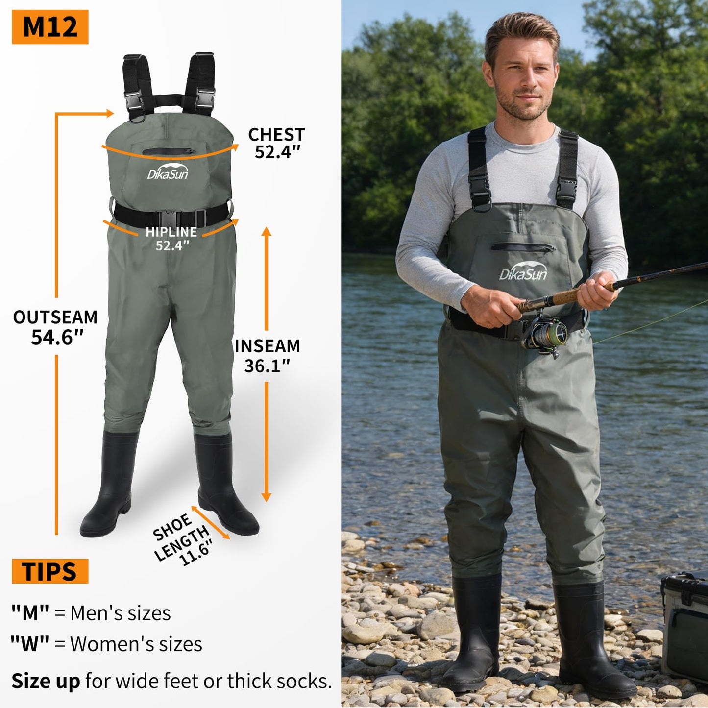 DikaSun Fishing Waders for Men & Women, Waterproof 2-Ply Nylon/PVC Chest Wader with Boots for Outdoor Sizes 4-13 Bootfoot