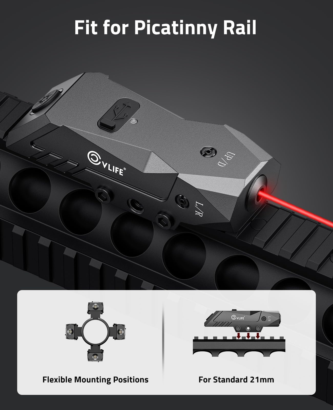 CVLIFE Rechargeable Rifle Laser Sight Compatible with Picatinny Rail, Low Profile Red Laser Sight for 21MM Picatinny Rail, Red Laser Beam with Strobe Function
