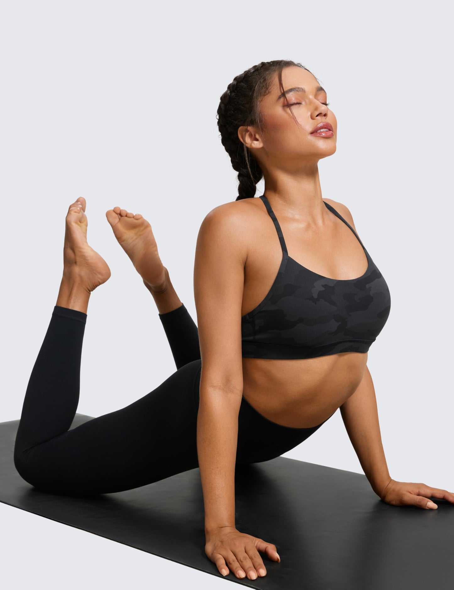 CRZ YOGA Butterluxe Y Back Sports Bras for Women - Padded Racerback Low Impact Spaghetti Thin Strap Workout Yoga Top Dark Grey Camouflage 2 Medium